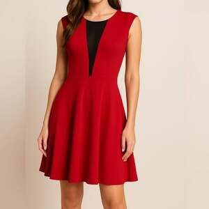 Bebe Red Fit & Flare Dress | Sheer Mesh V-Neck | Cocktail Party Sz M